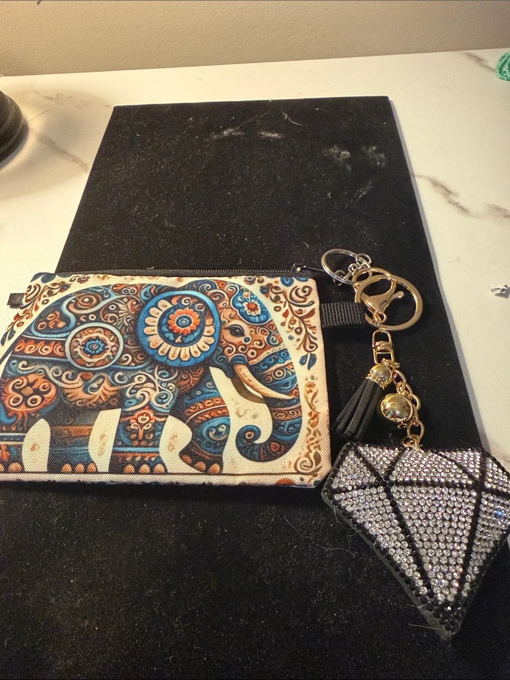 Boho Paisley Elephant Card pouch with sparkly bag charm key chain- Blue & Orange